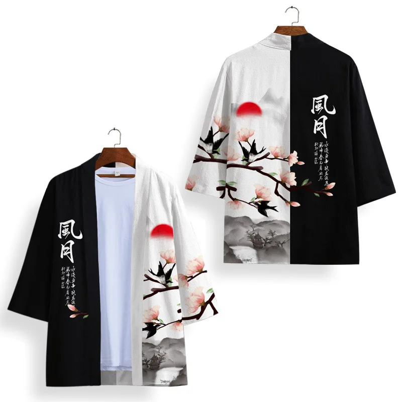 Kimono Yukata Cotton - Unisex Black & White Kimono Cosplay